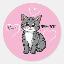 Pegatina Redonda You're Purr-fect Animated Cat and Hearts Pink