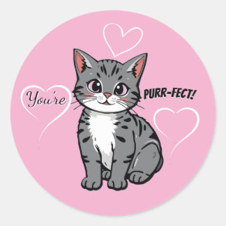 Pegatina Redonda You're Purr-fect Animated Cat and Hearts Pink