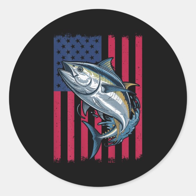 Pegatina Redonda Youth Boys Deep Sea Fishing American Flag Bluefin  (Anverso)
