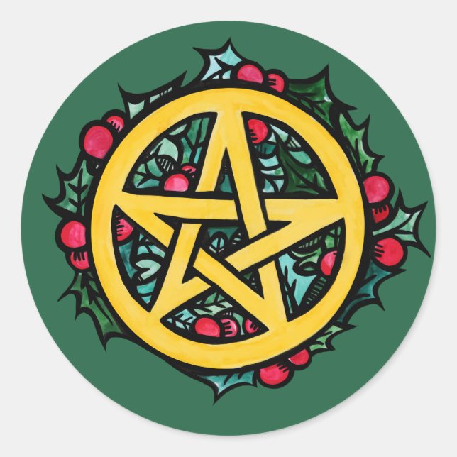 Pegatina Redonda Yule Pentacle Merry Yule Blessings (Anverso)