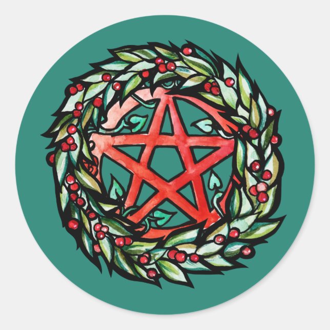 Pegatina Redonda Yule Wreath Pentacle Pagan (Anverso)