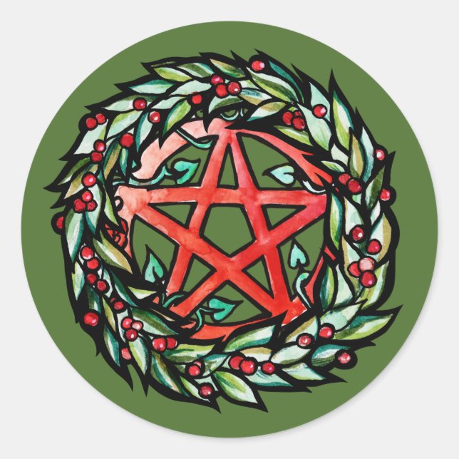 Pegatina Redonda Yule Wreath Pentacle Pagan (Anverso)