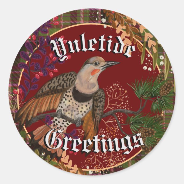 Pegatina Redonda Yuletide Greetings Northern Flicker (Anverso)