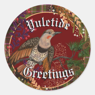 Pegatina Redonda Yuletide Greetings Northern Flicker