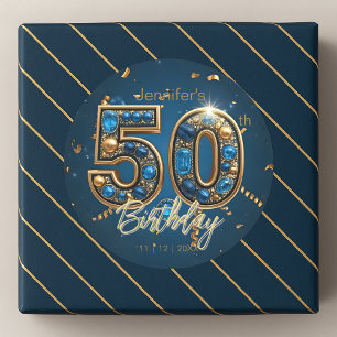 Pegatina Redonda Zafiro azul y oro Cumpleaños 50