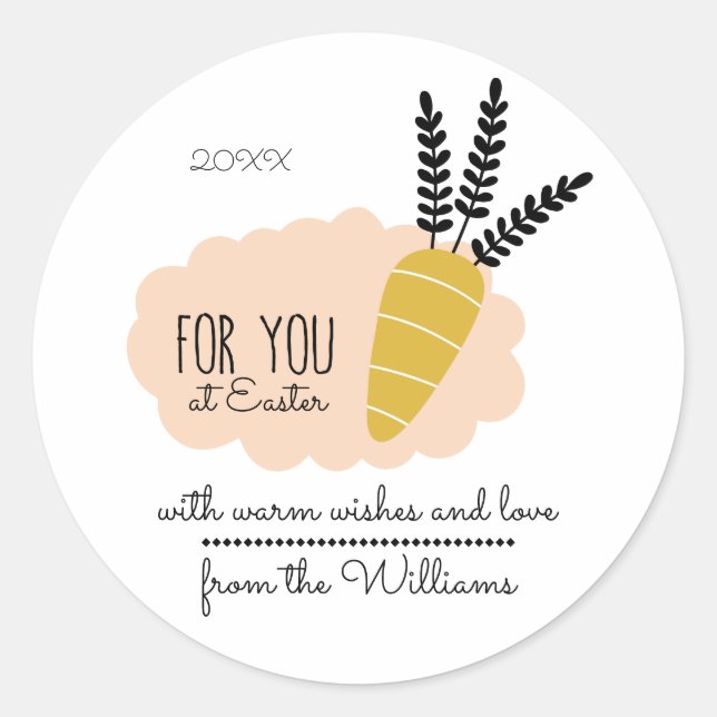 Pegatina Redonda Zanahoria de Pascua | Año Personalizado, nombre (Anverso)