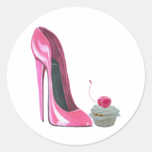 Pegatina Redonda Zapato y tarta de Stiletto rosa