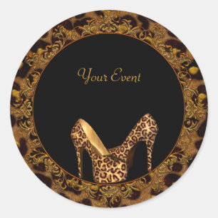 Pegatina Redonda Zapatos Leopardo Oro Negro