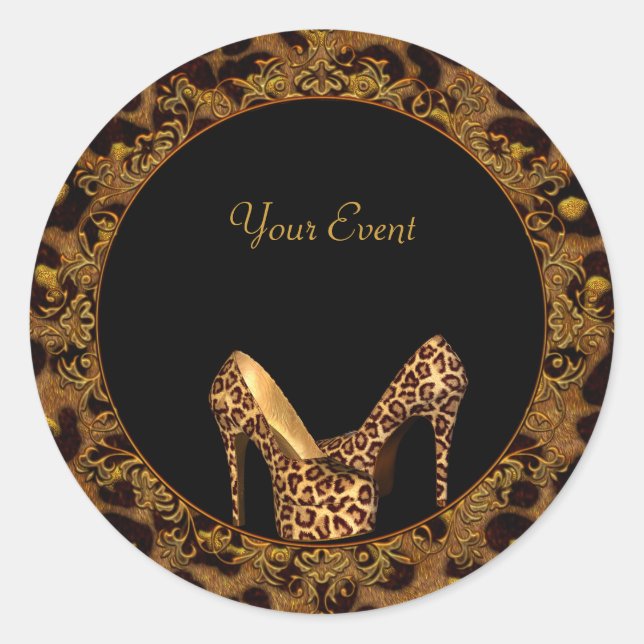 Pegatina Redonda Zapatos Leopardo Oro Negro (Anverso)