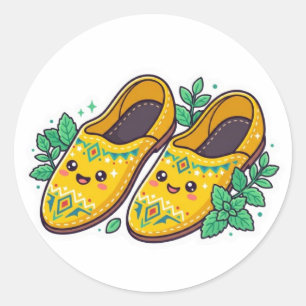 Pegatina Redonda Zapatos marroquíes amarillos Kawaii lindos Babouch