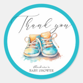 Pegatina Redonda Zapatos para bebés | Blue Boy Baby Shower Gracias