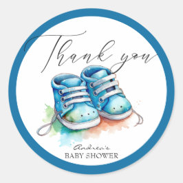 Pegatina Redonda Zapatos para bebés | Blue Boy Baby Shower Gracias
