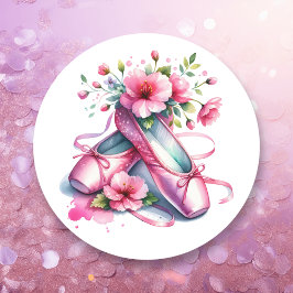 Pegatina Redonda Zapatos y flores de ballet rosa de bonito