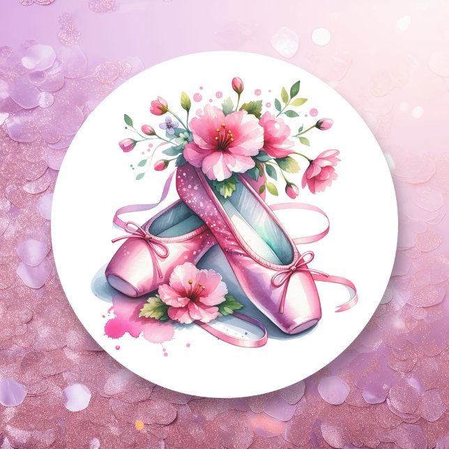 Pegatina Redonda Zapatos y flores de ballet rosa de bonito (Subido por el creador)