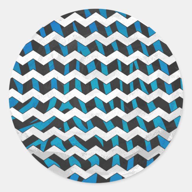 Pegatina Redonda Zebra Chevron Negro y Azul (Anverso)