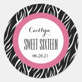 Pegatina Redonda ZEBRA Dulce Dieciséis Personalizados V16 NEGRO y R