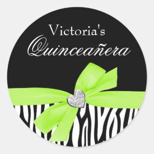 Pegatina Redonda Zebra Lime Green Bow Diamond Quinceanera