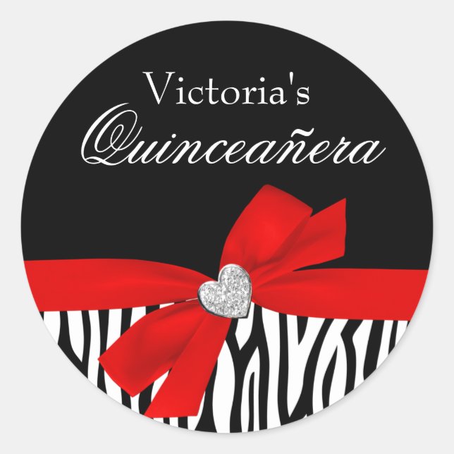 Pegatina Redonda Zebra Red Bow Diamond Quinceanera (Anverso)