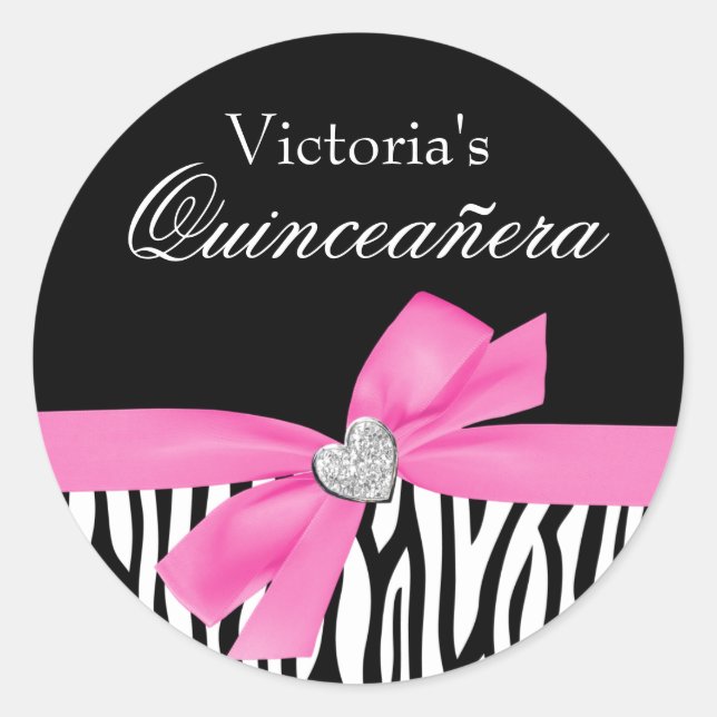 Pegatina Redonda Zebra Rosa Bow Diamond Quinceanera (Anverso)