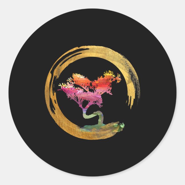 Pegatina Redonda Zen Bonsai Tree Japonés Círculo Enso Arte Asiático (Anverso)