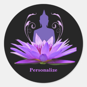 Pegatina Redonda Zen Yoga Buda Flor de Loto Morado Personalizable