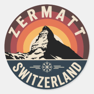 Pegatina Redonda Zermatt Suiza Alpes suizos Retro
