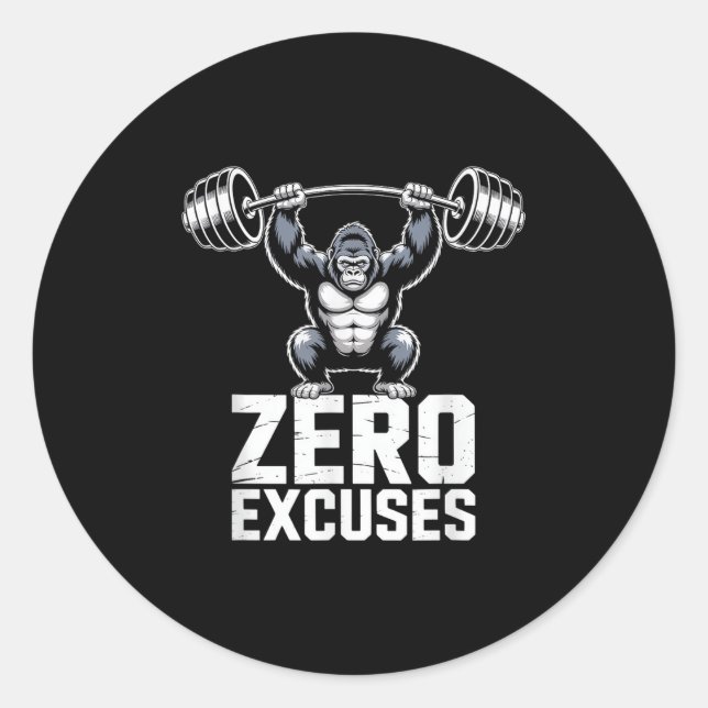 Pegatina Redonda Zero Excuses Gorilla Gym Motivational Workout  (Anverso)