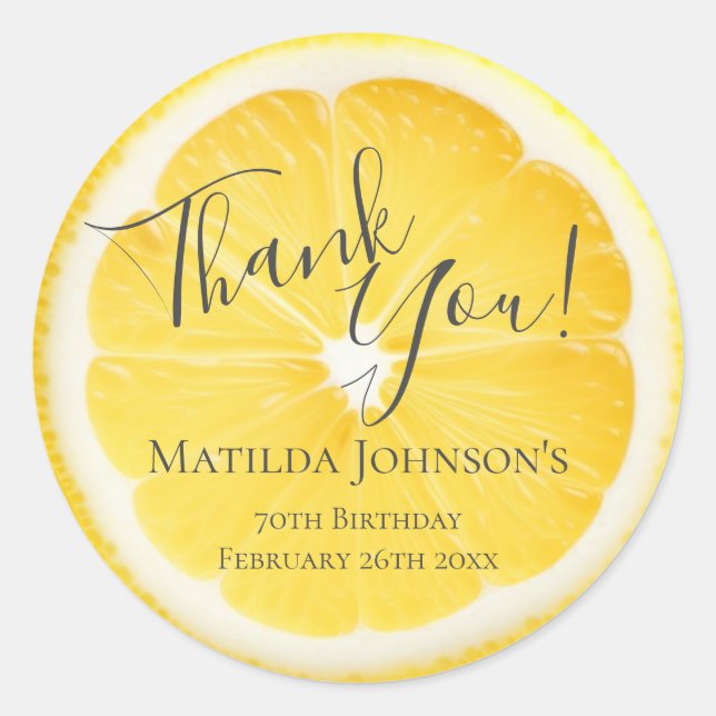 Pegatina Redonda Zesty Lemons Fun Yellow Birday Party Gracias (Anverso)