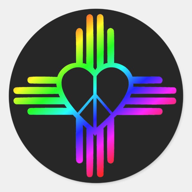 Pegatina Redonda Zia, corazón de paz del arcoiris en negro (Anverso)