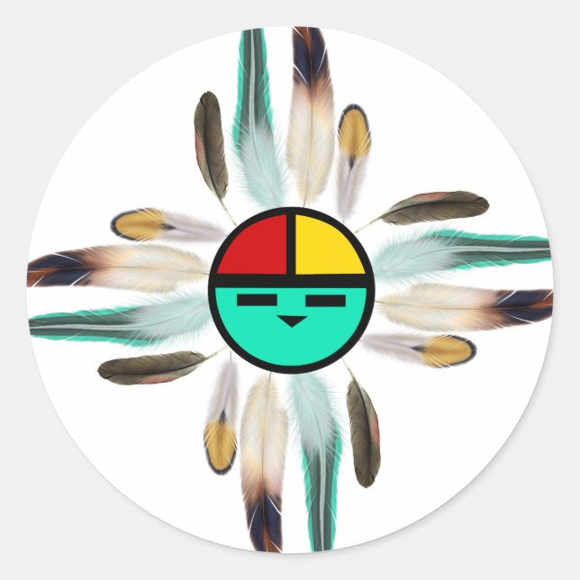 Pegatina Redonda Zia Sun Dios con plumas (Anverso)