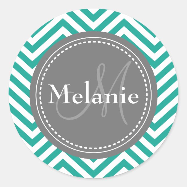 Pegatina Redonda Zigzag azul y gris Verde azulado monogramado (Anverso)