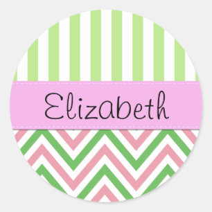 Pegatina Redonda Zigzag, Chevron, Stripes, Rosa, Verde, Tu Nombre