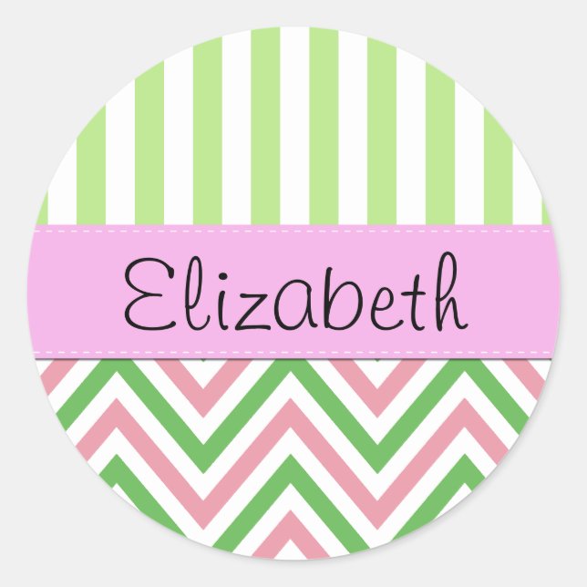 Pegatina Redonda Zigzag, Chevron, Stripes, Rosa, Verde, Tu Nombre (Anverso)