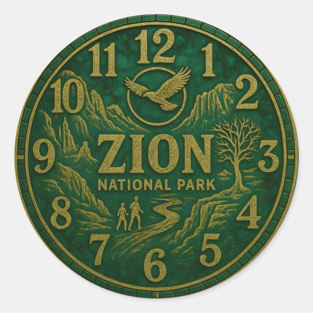 Pegatina Redonda Zion National Park Canyon Hiking and Eagle Art (Anverso)