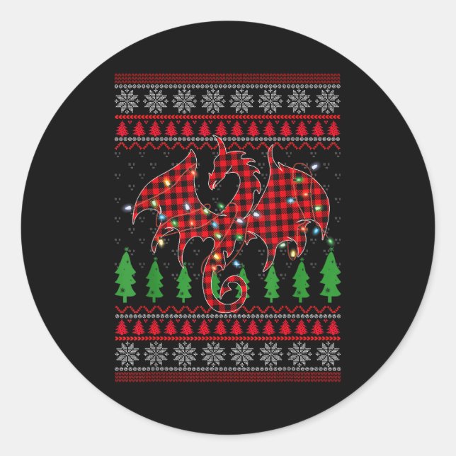 Pegatina Redonda Zodiac Dragon Ugly Sweater Christmas Lights Dragon (Anverso)