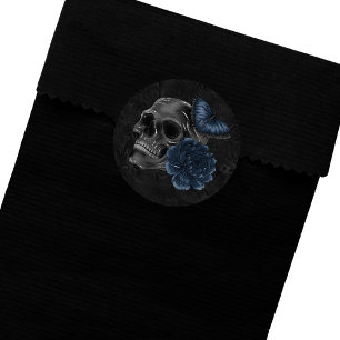 Pegatina Redonda Zodiac Magic Rosas de cráneo gótico azul de la M