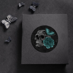 Pegatina Redonda Zodiac Magic   Rosas de cráneo gótico verde oscuro