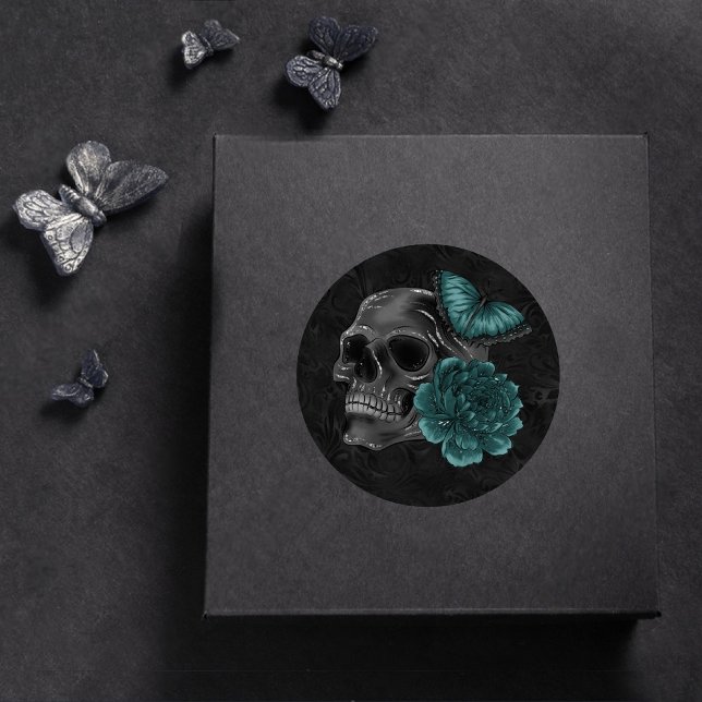 Pegatina Redonda Zodiac Magic | Rosas de cráneo gótico verde oscuro (Subido por el creador)