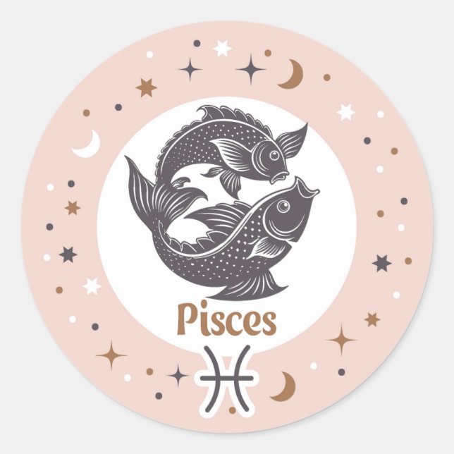 Pegatina Redonda Zodiac Rótulo Pisces (Anverso)