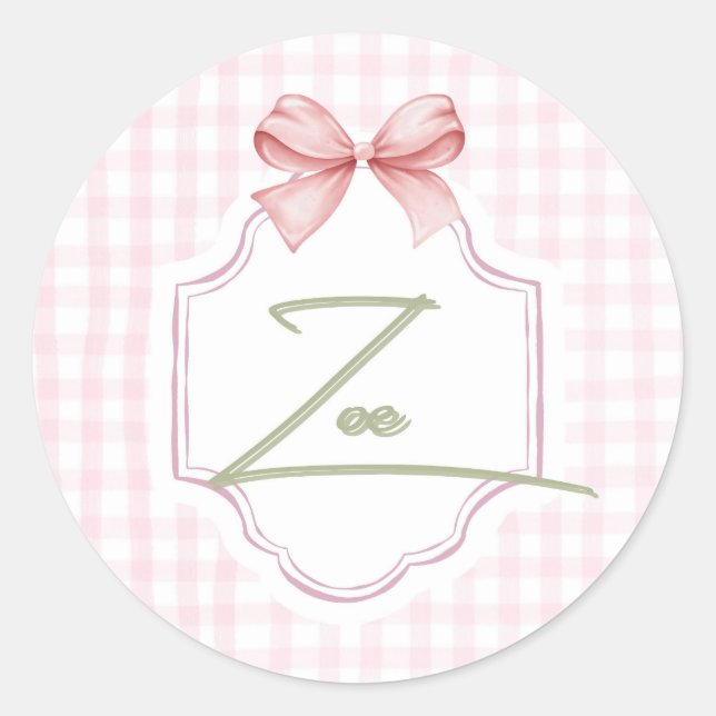 Pegatina Redonda Zoe Baby Nursery Personalizado Bow&Gingham (Anverso)
