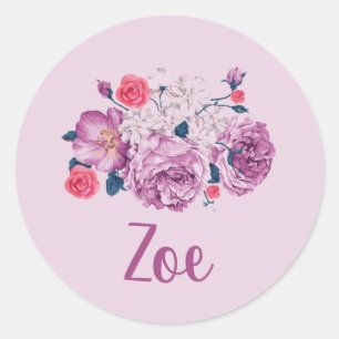 Pegatina Redonda Zoe Nombre Floral Personalizado Flor Vintage Rosa 