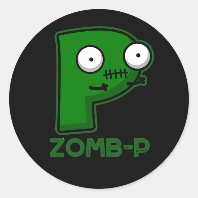 Pegatina Redonda Zomb-P Funny Halloween Zombie Alphabet Pun Dark BG (Anverso)