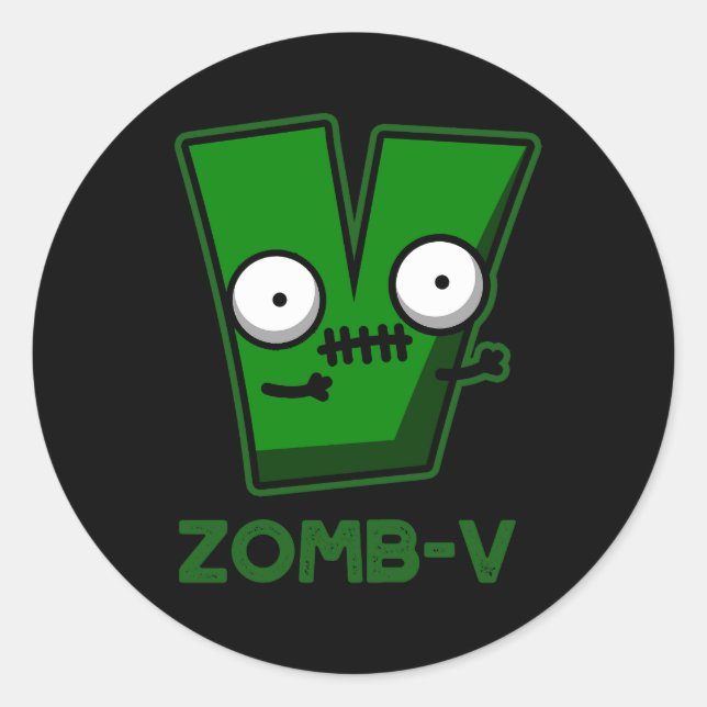 Pegatina Redonda Zomb-V Funny Halloween Zombie Alphabet Pun Dark BG (Anverso)