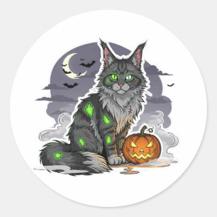 Pegatina Redonda Zombie Maine Coon - Famoso gato Halloween