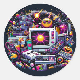 Pegatina Redonda Zona de juegos Retro Tech: Una odisea nostálgica d