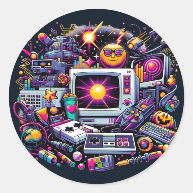 Pegatina Redonda Zona de juegos Retro Tech: Una odisea nostálgica d (Anverso)