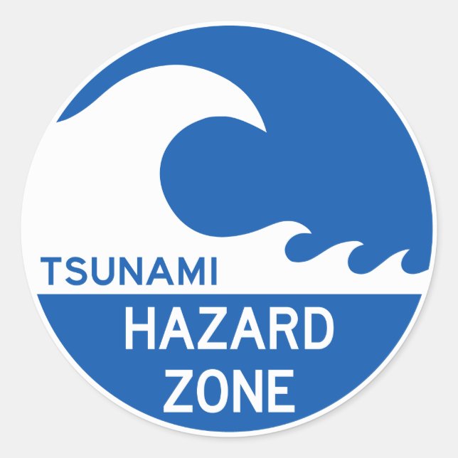 Pegatina Redonda Zona de Tsunami (Anverso)