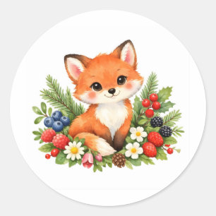 Pegatina Redonda Zorrito bebé acuarela con bayas y flores