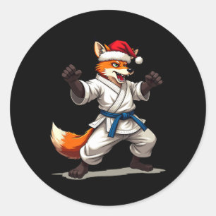 Pegatina Redonda Zorro De Animales Gracioso En Uniforme De Karate P
