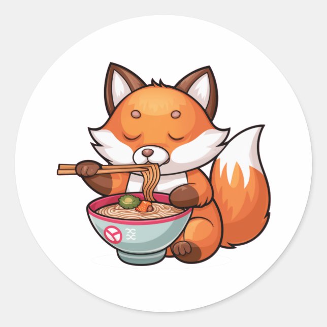 Pegatina Redonda Zorro Kawaii comiendo ramen (Anverso)